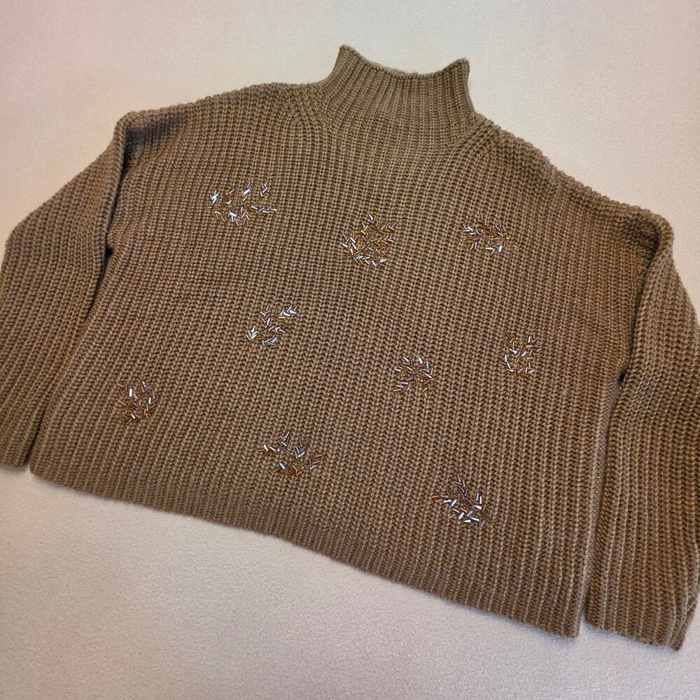 Sfera Mock Neck Knit Sweater Beaded Embroidery Tan Sz Small NWT